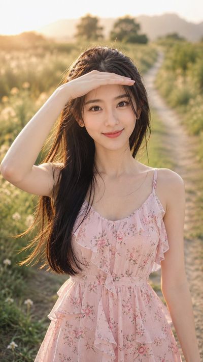 Young woman shields her eyes from golden sunlight in grassy field