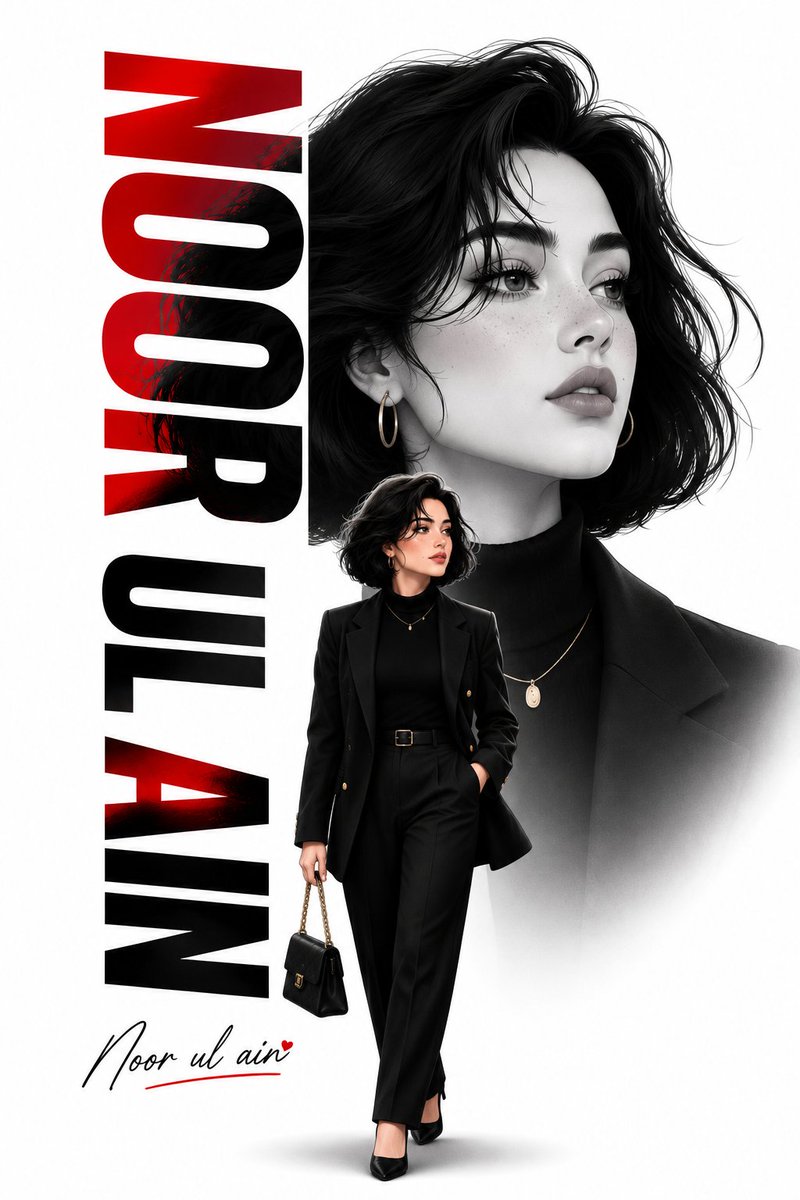 Noor Ul Ain walks in black power suit on white background