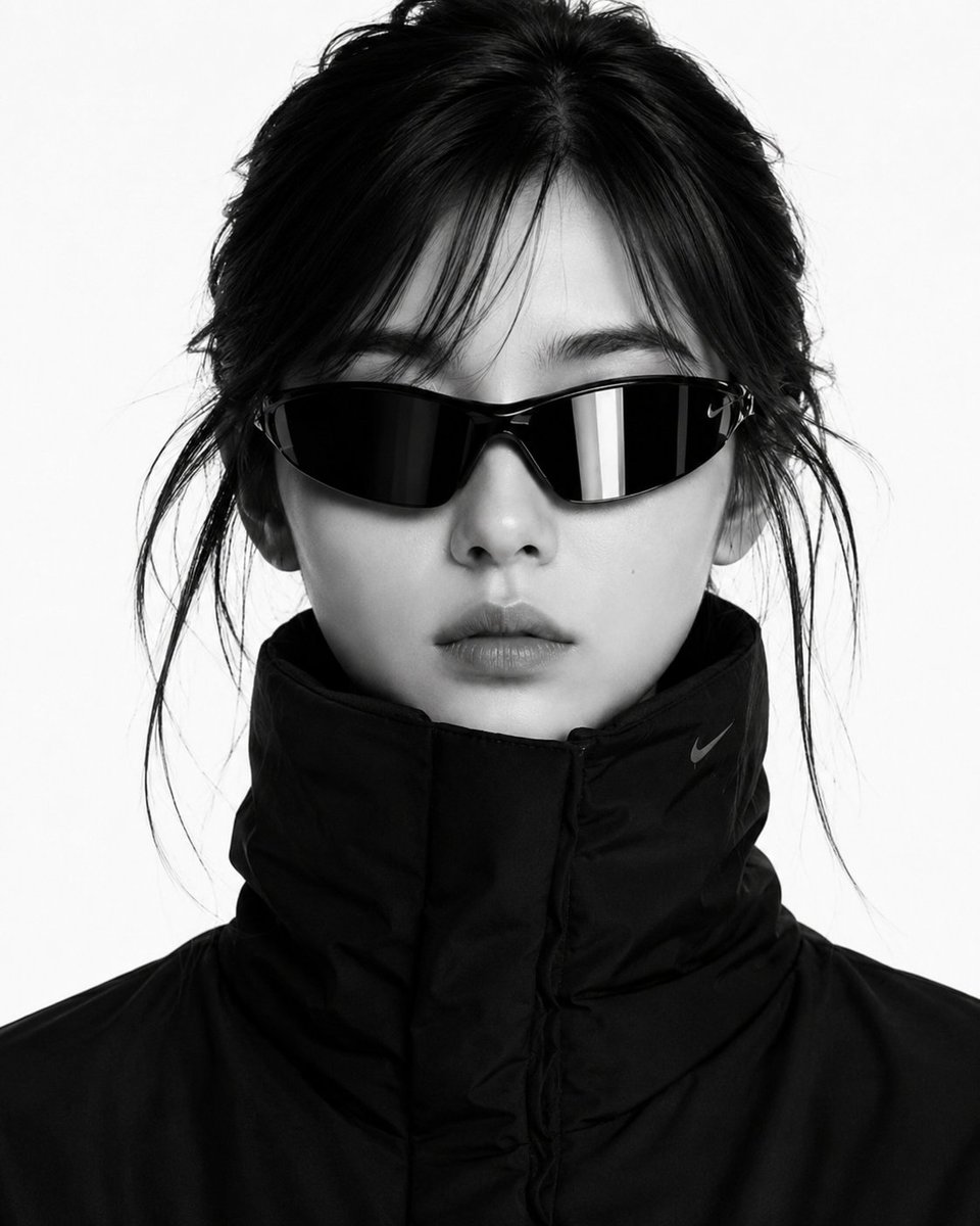 A model in reflective sunglasses poses against a white backdrop