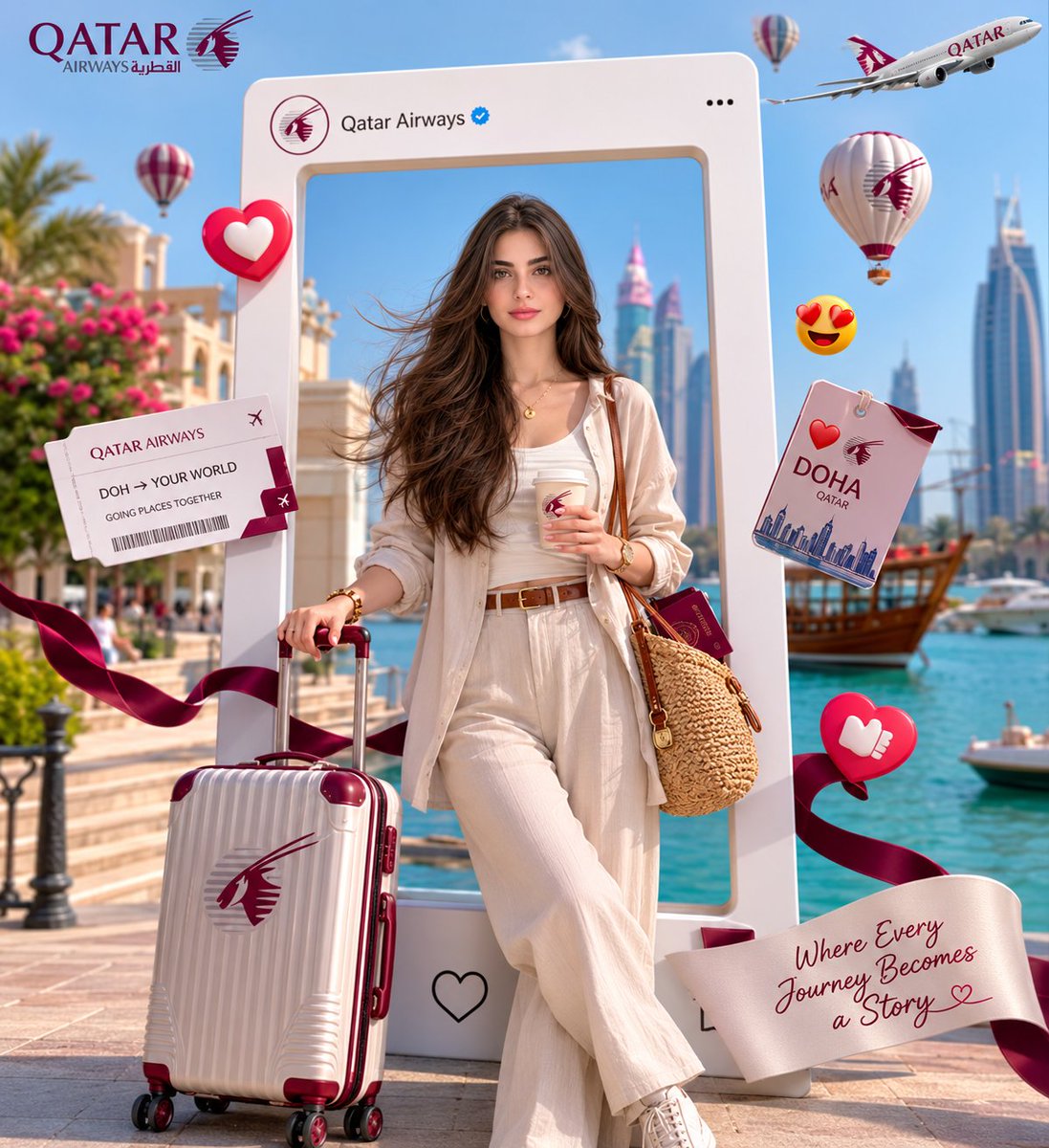 A traveler walks confidently through a vibrant coastal plaza
