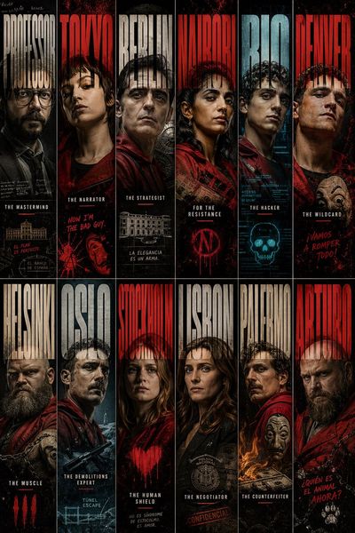 Money Heist Ensemble: Typographic Portrait Grid