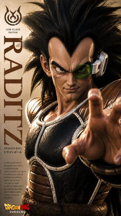 A smug Saiyan warrior points forward in dramatic golden light