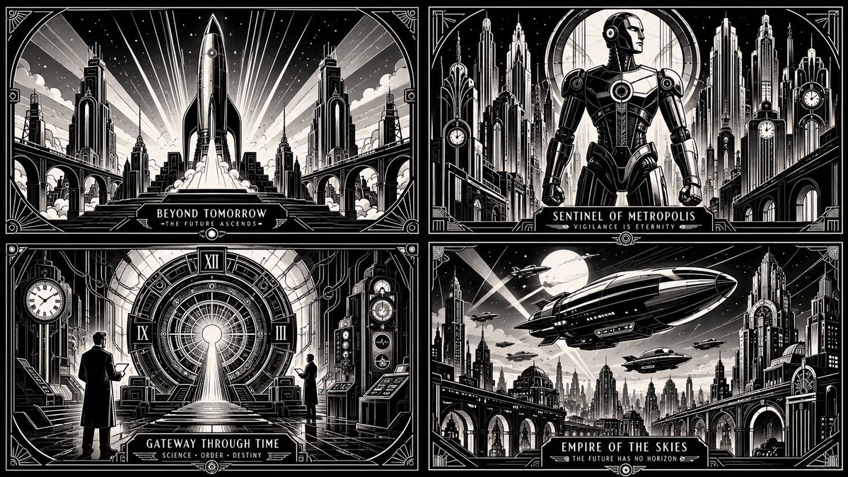 Art deco silhouettes frame four iconic sci-fi movie subjects