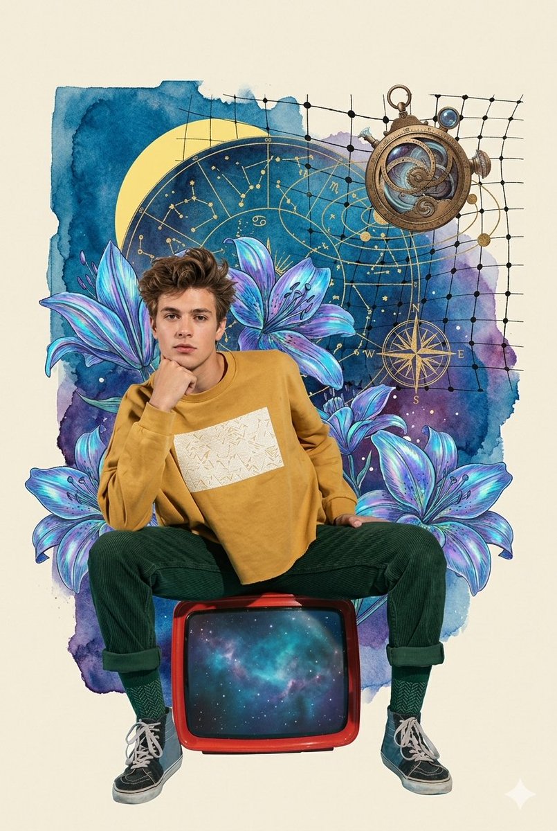 A young man sits on a retro TV showing a galaxy