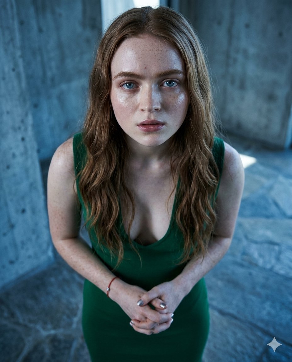 Red-Haired Gaze in Brutalist Light