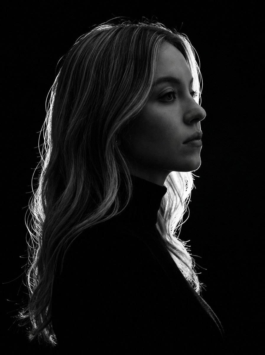 Side-lit woman in profile wears black turtleneck against dark backdrop