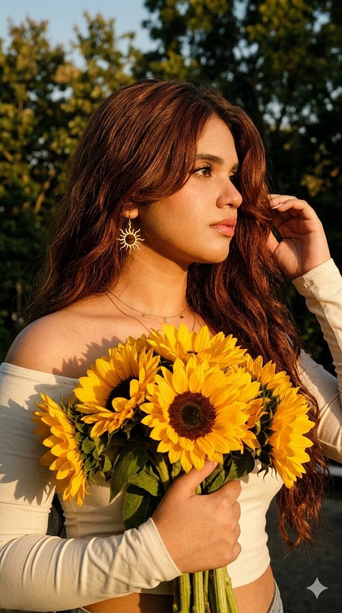 A girl with sunflowers holds a bouquet against her chest in golden light
