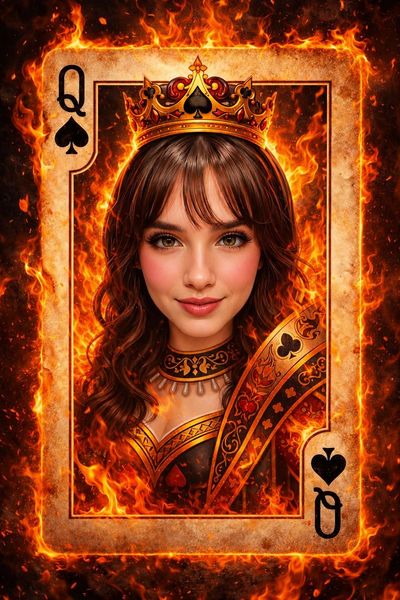 Queen of Spades emerges from flames in a fantasy card portrait