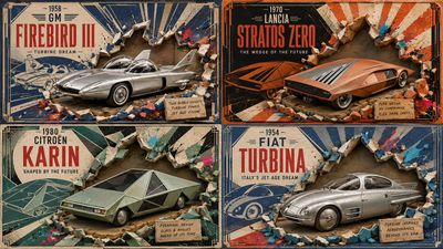 Art Deco poster of a strange classic car with clay diorama center