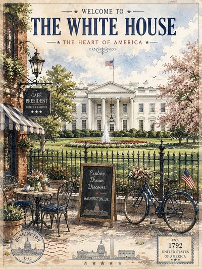 Vintage watercolor poster invites visitors to the White House gardens