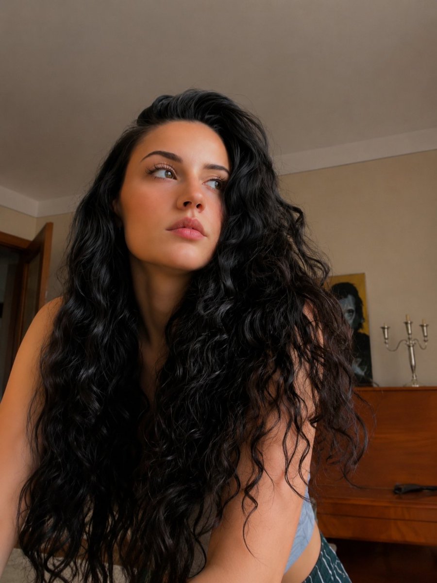 A woman with raven hair gazes dreamily in golden sunlight.