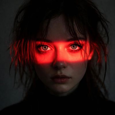 A young woman with neon light across her eyes stares intensely.