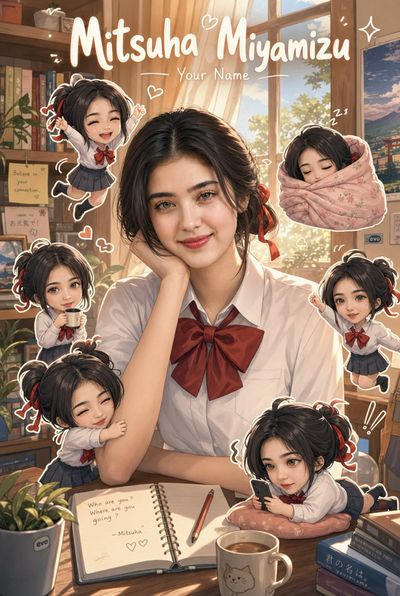 Anime girl with original face surrounded by chibi clones in cozy room