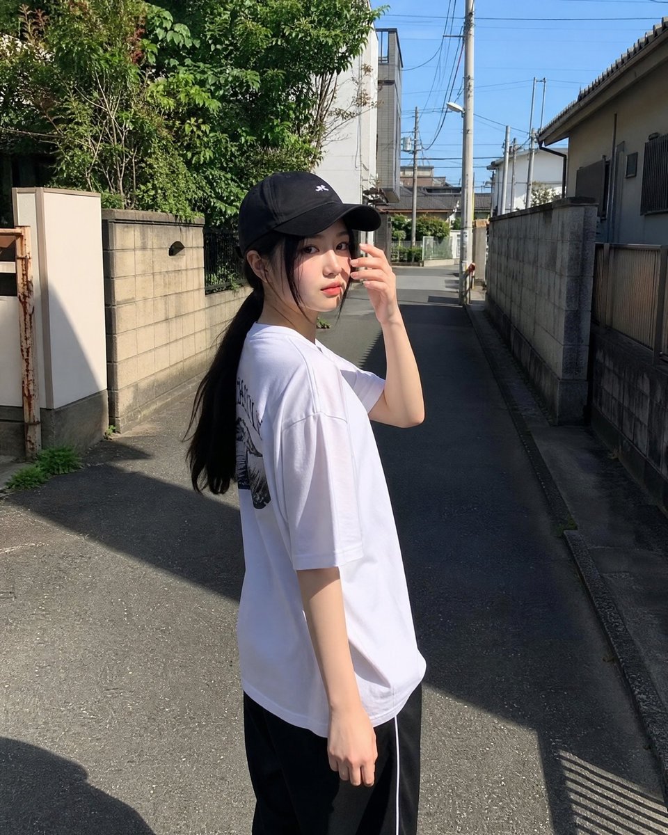 Young woman in baseball cap walks through sunny alleyway