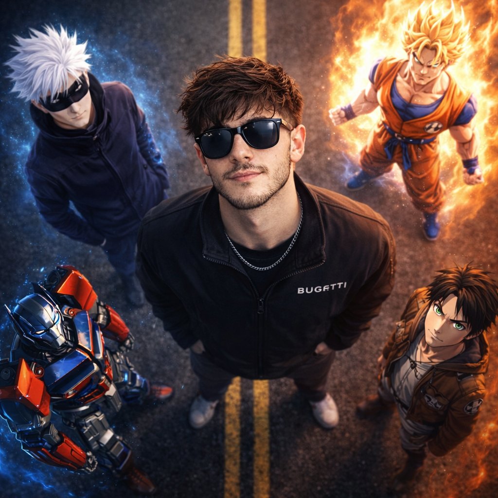 Cinematic Top-Down Hybrid: Real Boy Among Iconic Anime Heroes