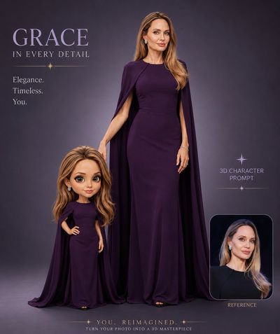 A stylish woman in a gold gown poses with her mini chibi clone