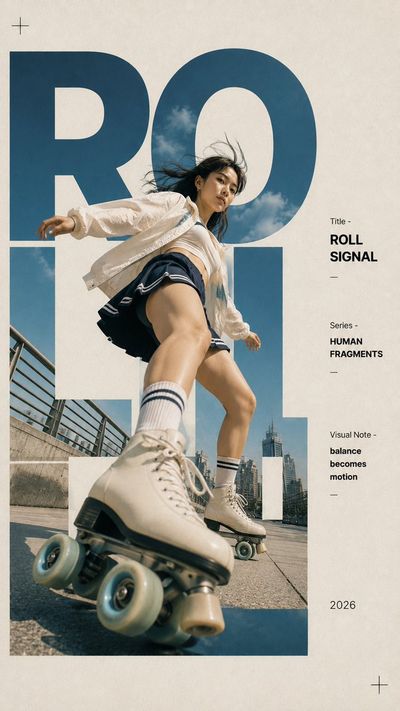 A roller skater glides through oversized typography in an urban scene