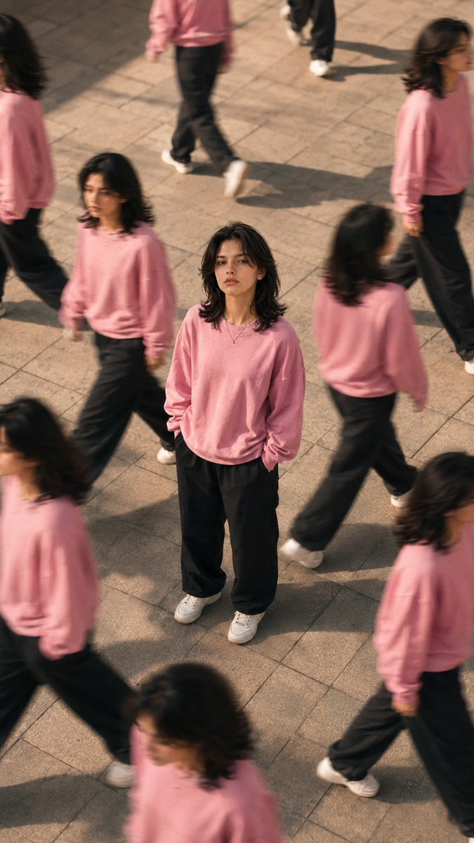 A lone woman stands still while her clones walk around her