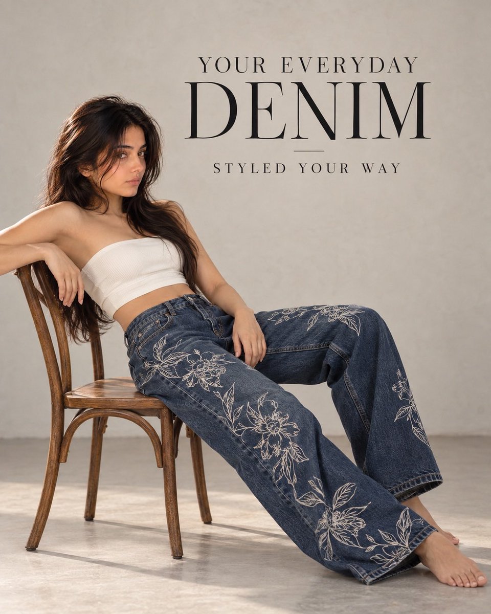 Woman in Embroidered Jeans Reclines on Wooden Chair in Studio