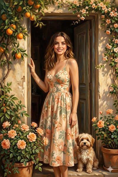 A young woman in floral dress smiles by a rustic doorway