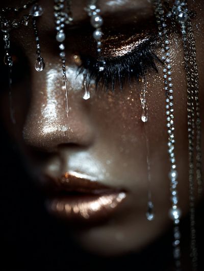 Silver pearls cling to long lashes in a moody portrait