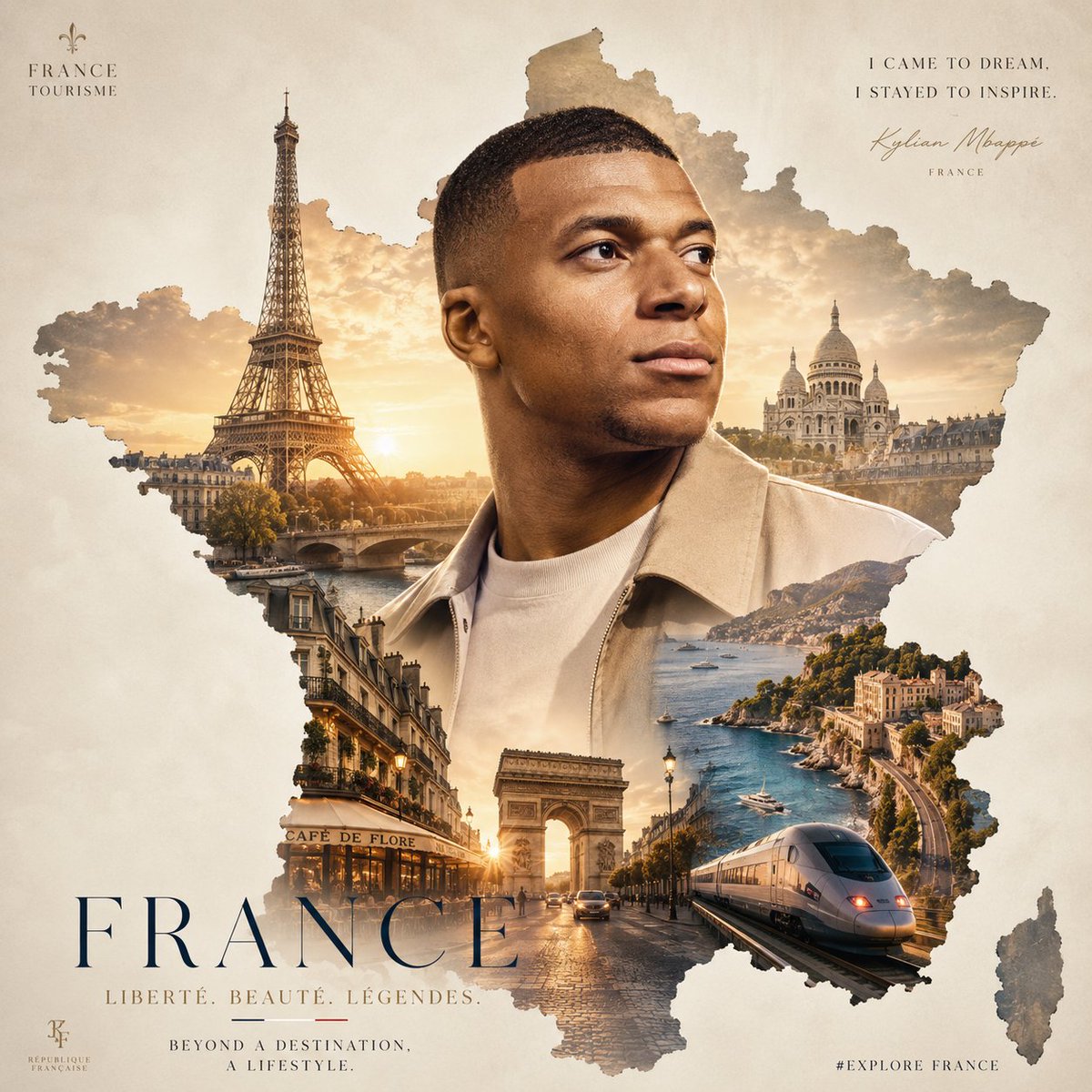 A timeless celebrity portrait blends with iconic country landmarks