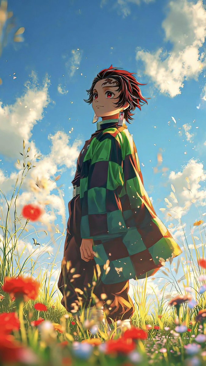 A lone anime hero stands amid golden wildflowers under a radiant sky