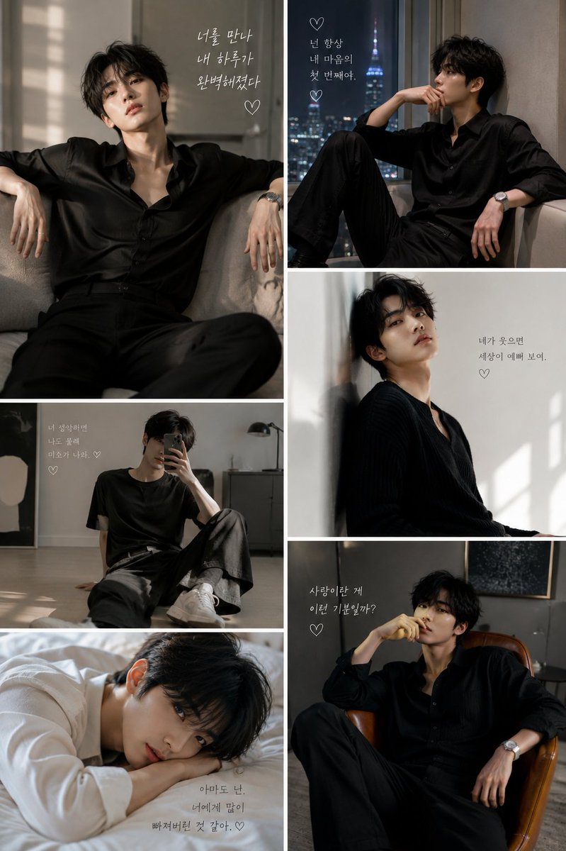 Six cinematic frames capture a Korean model in warm minimal light.