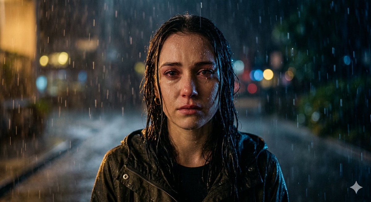 A teary-eyed woman glistens under rain and golden light.