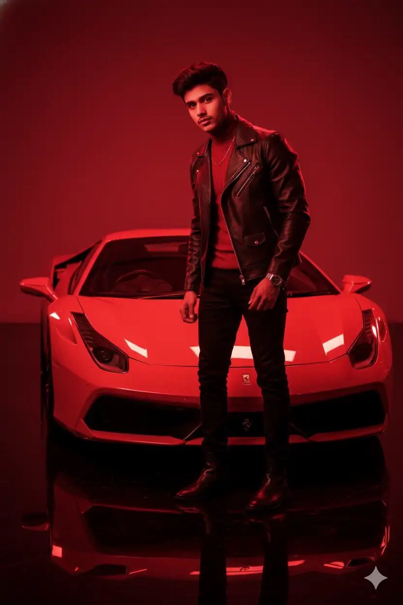 Crimson Elegance: Boy and Luxury Supercar in Fiery Light
