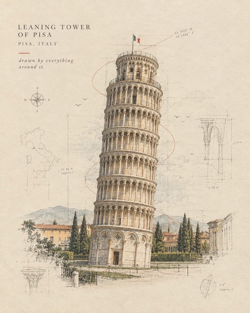 Graphite Architectural Poster of a Landmark with Watercolor Washes