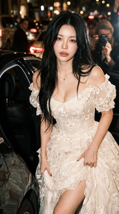 Bride emerges from black car under flashing cameras at night
