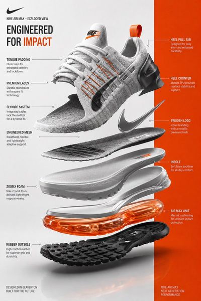 Nike sneaker components float in alignment on clean background