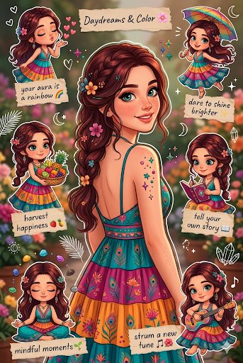 A smiling boho woman and chibi stickers on a vibrant sheet