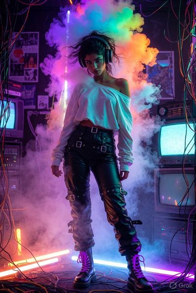 Indian woman with headphones stands amid swirling rainbow smoke