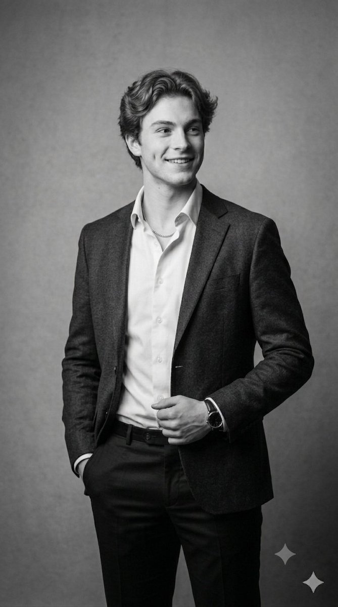 Confident young man poses in sharp black and white studio portraits