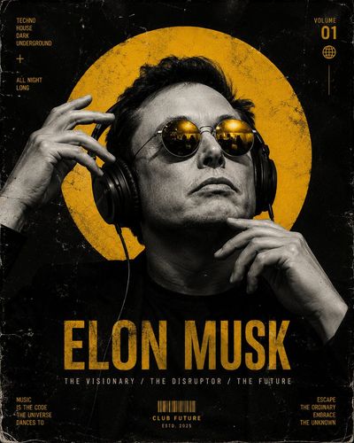 Elone Musk wears amber glasses in a dark underground club poster
