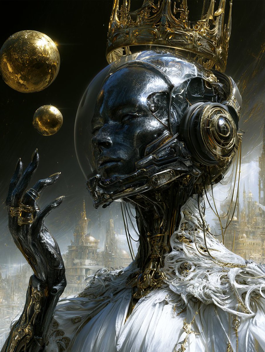 A crowned android queen offers her ringed hand amid golden planets