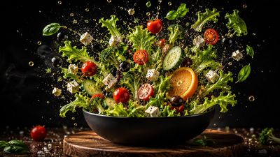 Fresh salad ingredients explode upward from a black bowl