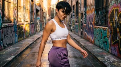 Woman in wet alley wears white crop top and purple joggers