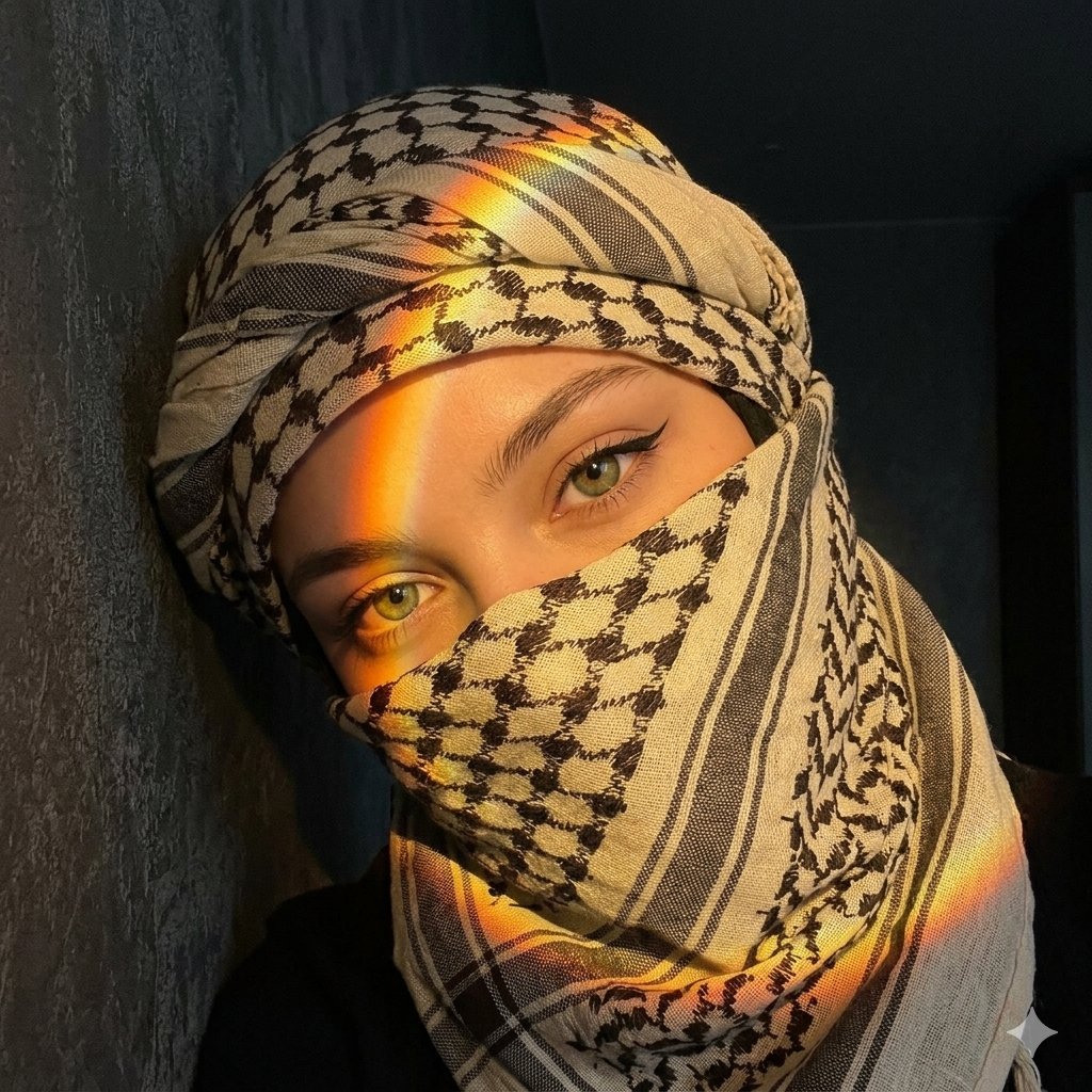 Mysterious woman in keffiyeh turban gazes with warm light