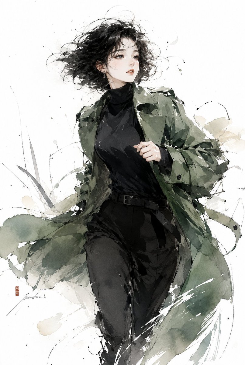 A woman in billowing olive coat stares with fierce determination.