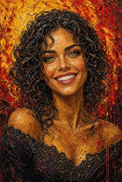 Smiling woman with green eyes emerges from fiery impasto brushstrokes
