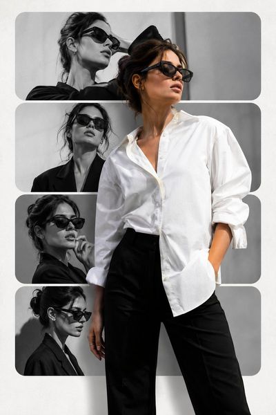 A stylish woman poses in monochrome panels before her color portrait