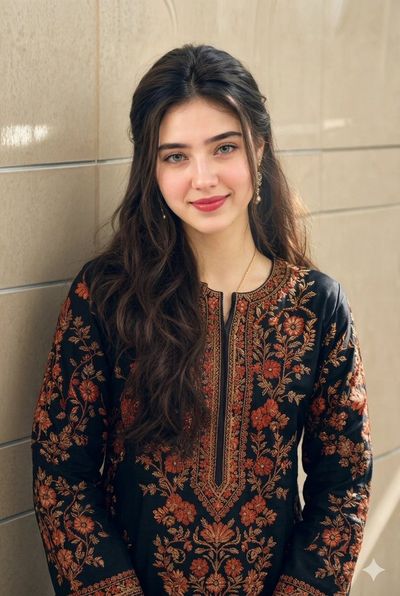Young woman in embroidered dress smiles against beige tile wall
