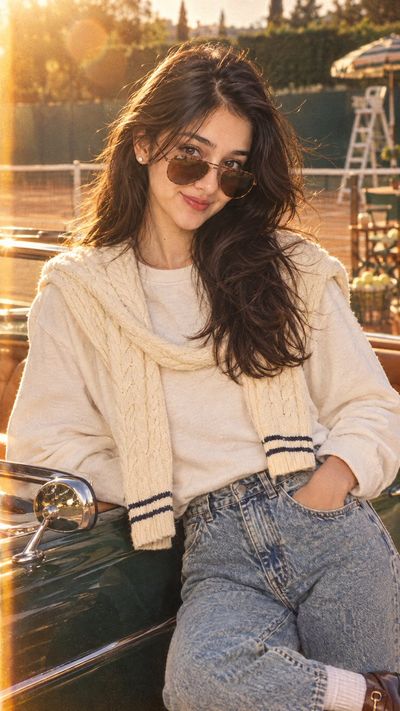 Young Indian Woman in 1980s Riviera Tennis Sweater at Marina