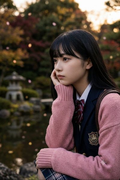 A pensive student in a serene autumn garden ponders life