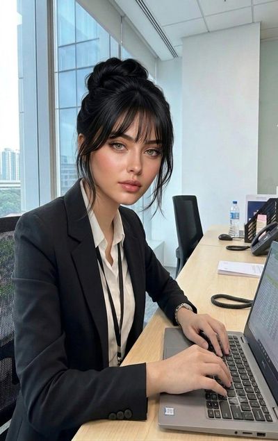 Elegant professional woman types on laptop in bright modern office