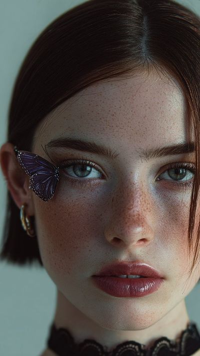 A Portrait of Elegance: Freckles, Butterflies, and Soft Glow