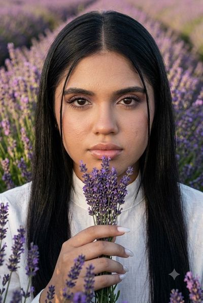 Woman in lavender field holds bouquet at golden hour